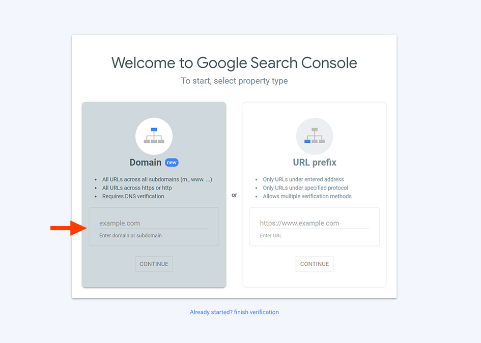 set up Google Search Console property type screen