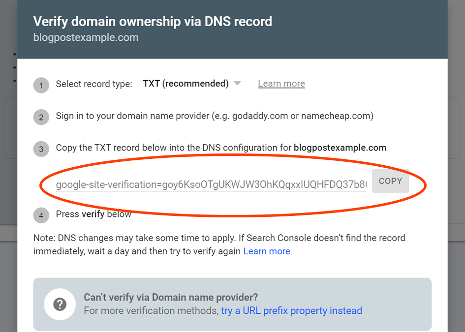 txt record for Google Search Console DNS configuration