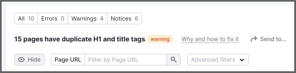 Semrush warning about duplicate H1 and Title Tags