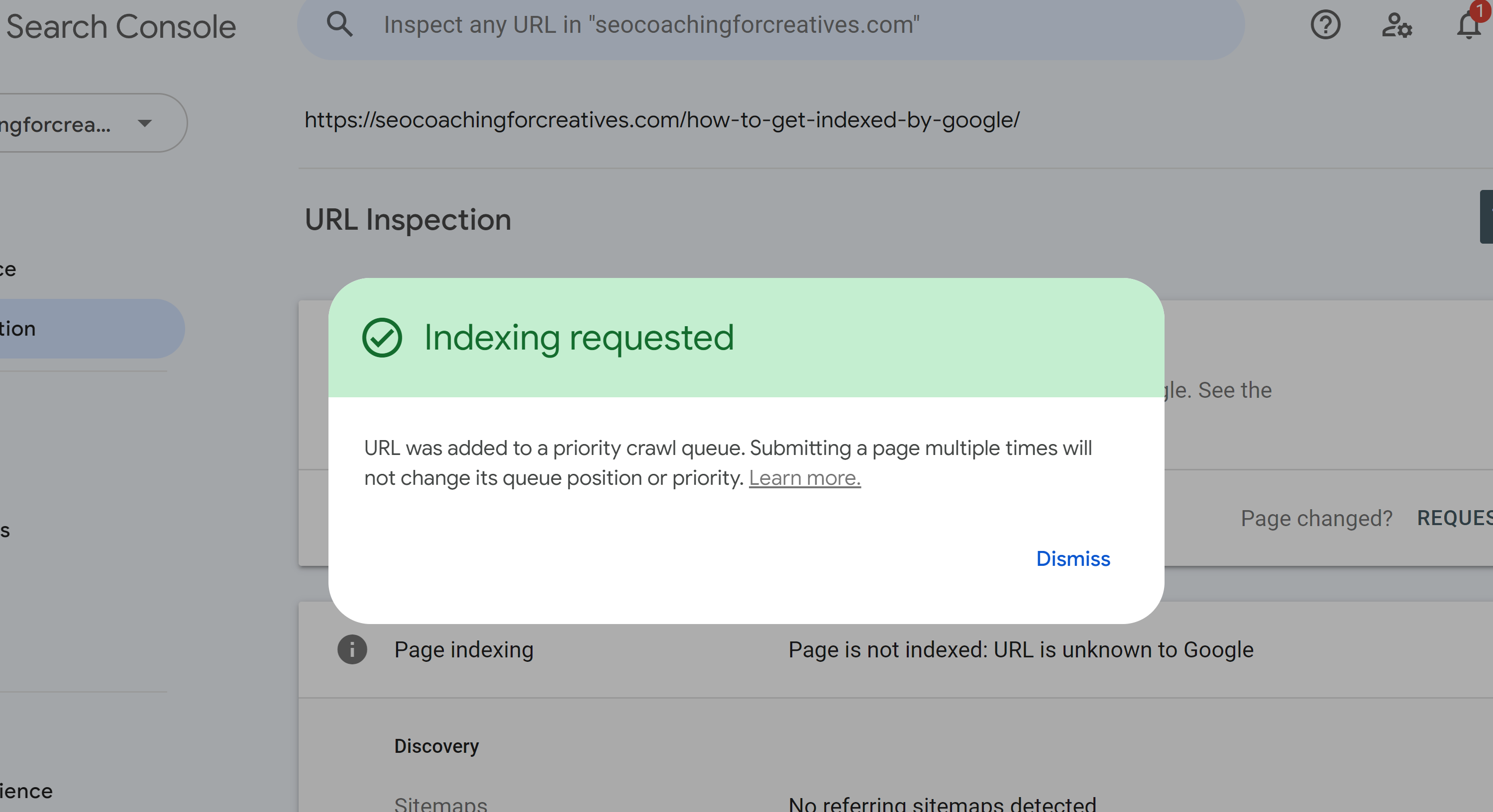 indexing requesting pop-up submission confirmation inside of Google Search Console